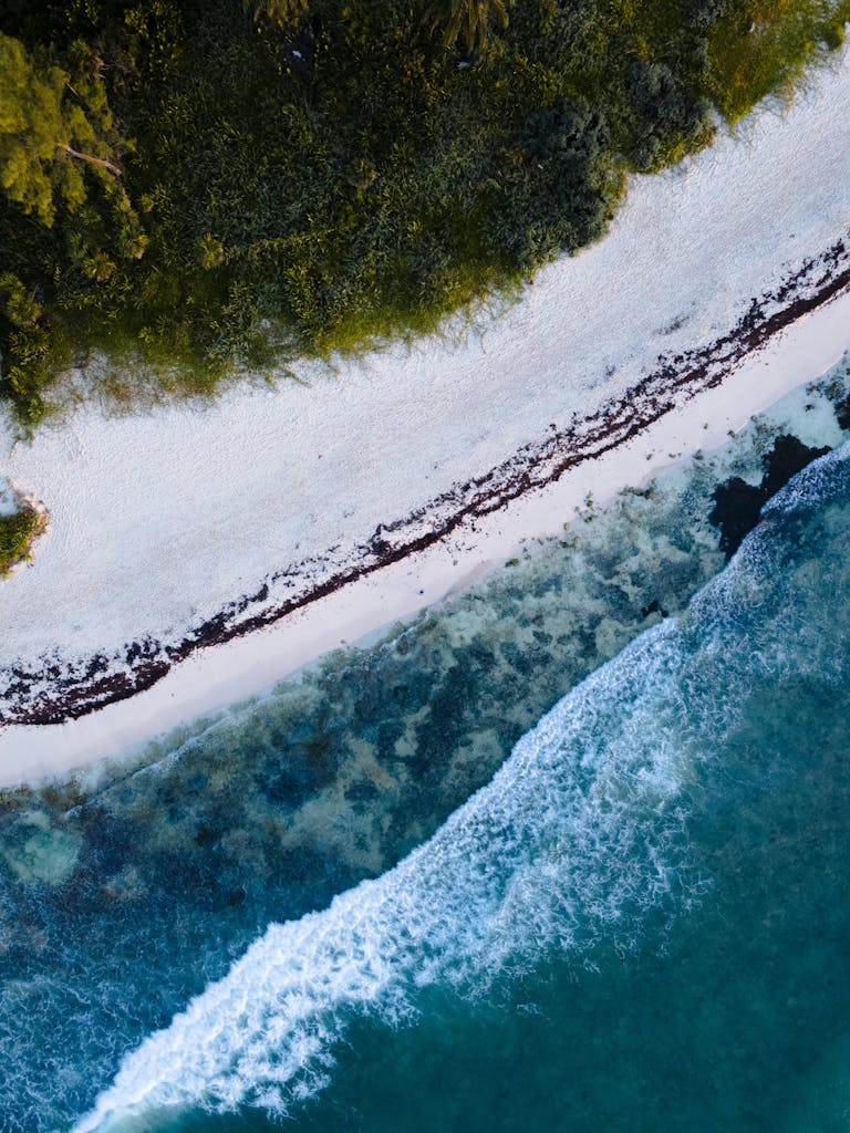 A breathtaking aerial shot of Tulum's beach with waves crashing on the shore.