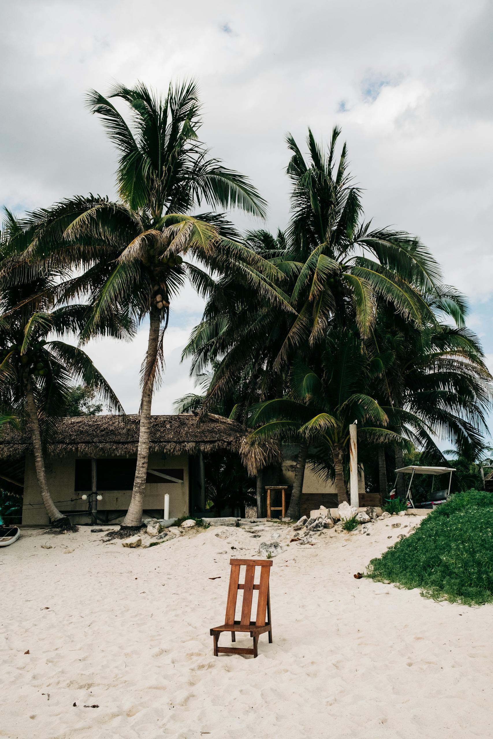 Wooden chair on a sandy beach with lush palm trees and rustic house in Cozumel.